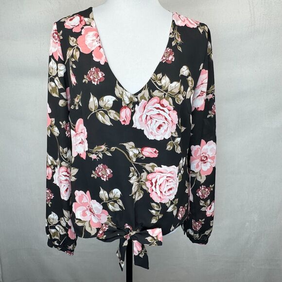 Guess Women Top Sz M Black Red Floral Print VNeck Front Waist Tie Cuffed Sleeves - Picture 1 of 9